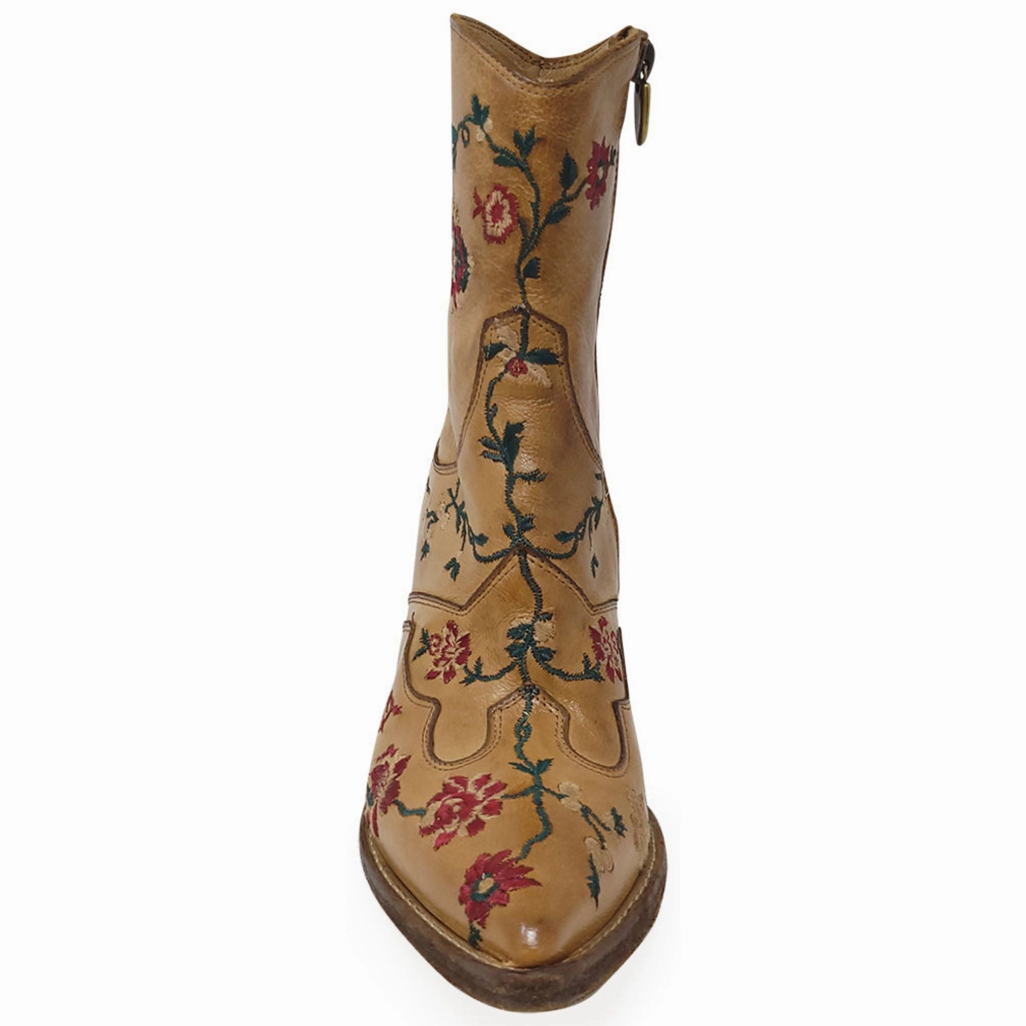 Wide Fit High Ankle Boots Tan Leather Embroidered Ankle Boot