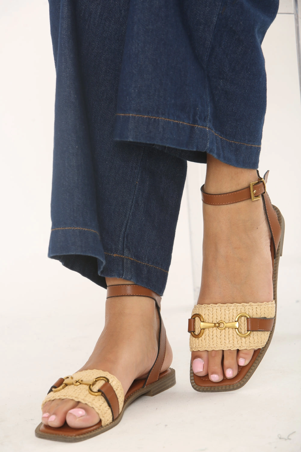 Tan Pu Straw Detail Strap Sandals With Buckle Closure Shoes Flats Wide