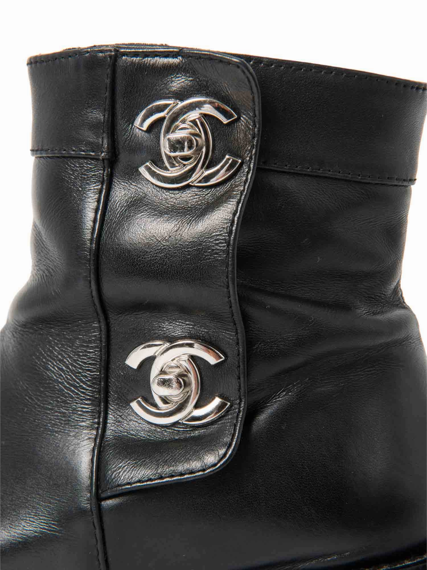 Top Quality Chanel CC Logo Leather Ankle Biker Boots Black Silver Charm Boots