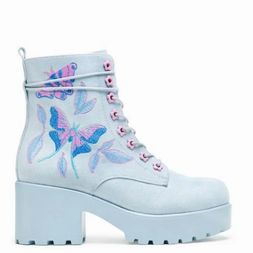 Butterfly Dune Suede Platform Military Boots - Blue Vegan Leather Ankle Boots