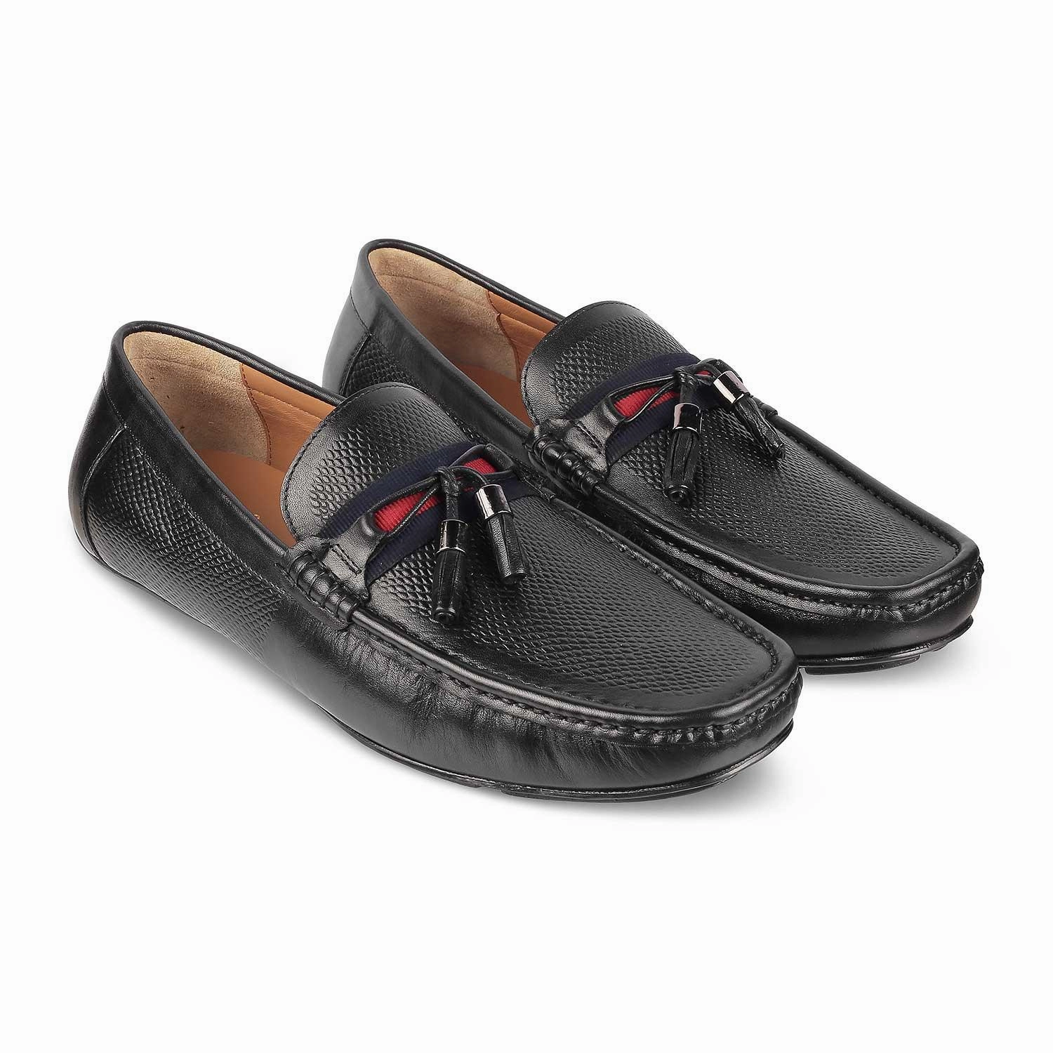 Tresmode Sotas Black Men's Leather Driving Loafers Slide Loafers