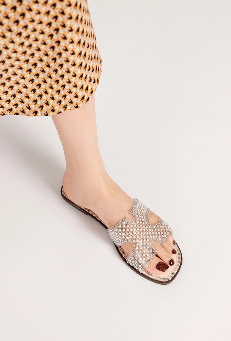 Boa Flat Pedal Shoes BEIGE FLAT CLEAR STRAP BEADED DECOR SLIDER SANDALS MULES