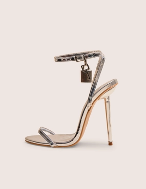 Secretary High Heels Ti Amo Silver Metallic Pu Padlock Detail Barely There Pointed Toe Stilettos Heels