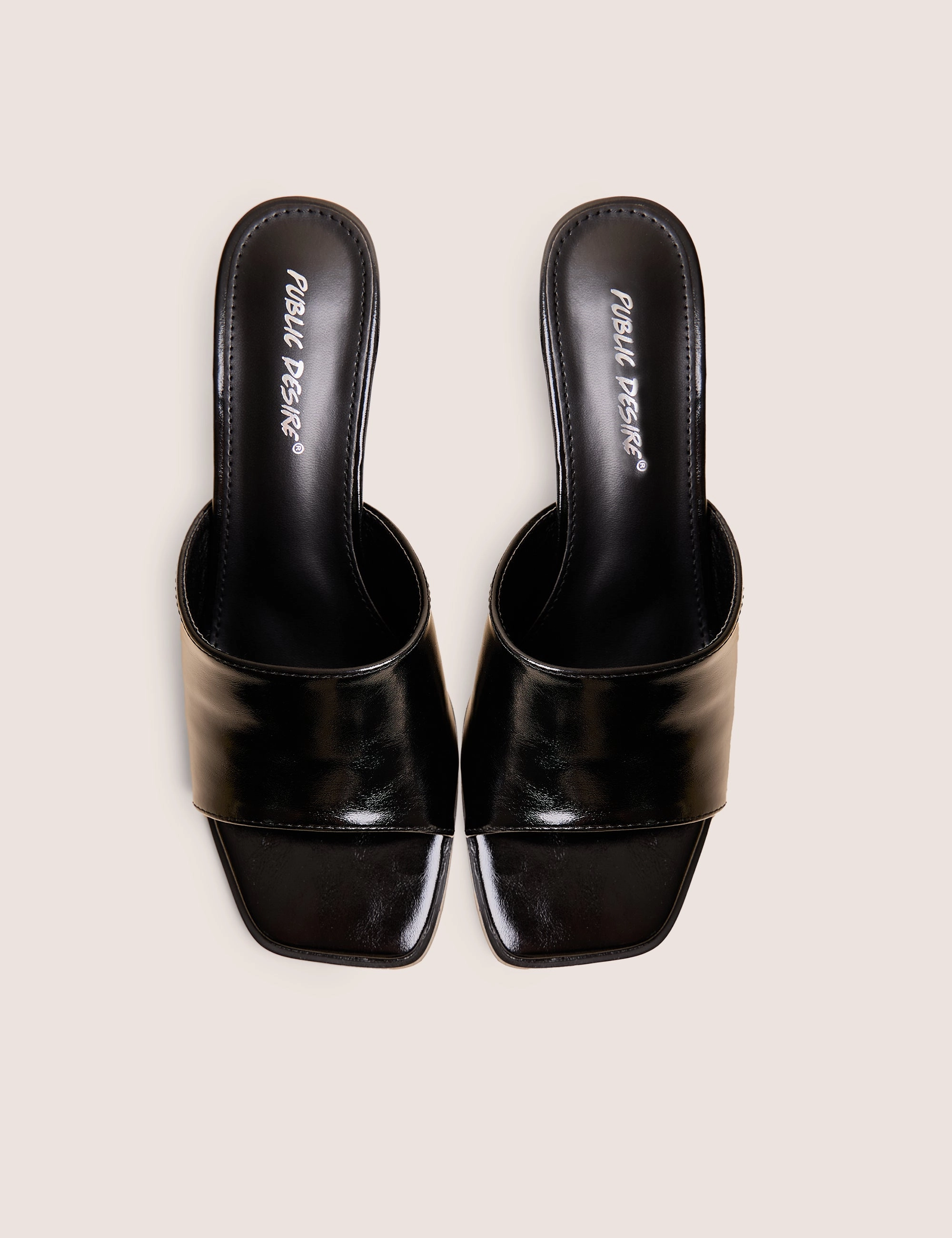 Hot Mess In High Heels Romi Black Patent Mule Square Toe Flared Block Mid Heels