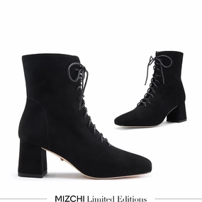 *MILO BLACK- suede lace up bootie Suede Ankle Boots Low Heel