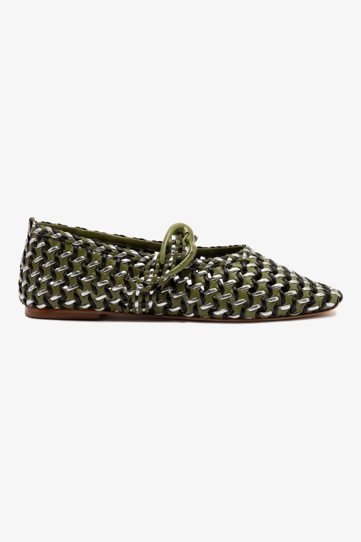 Verona Macrame Ballet Flat In Seaweed, Black and Silver Metallic Leather Mary Jane Shoes Buckle Strap