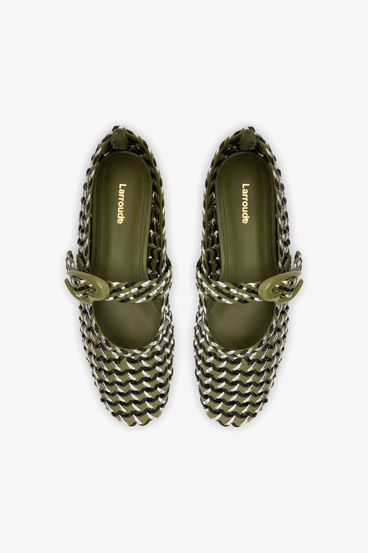 Verona Macrame Ballet Flat In Seaweed, Black and Silver Metallic Leather Extra Wide Fit Mary Jane Shoes