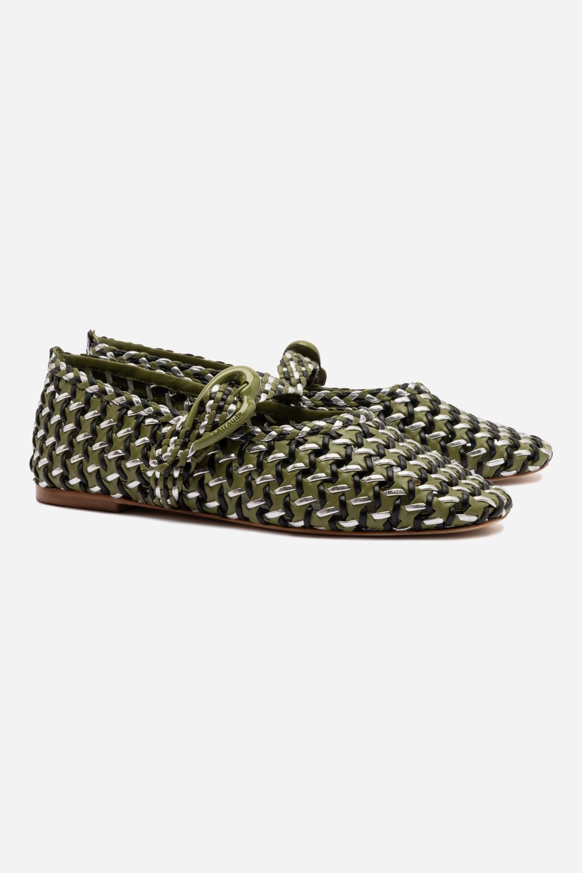 Walking Shoes Mary Janes Verona Macrame Ballet Flat In Seaweed, Black and Silver Metallic Leather