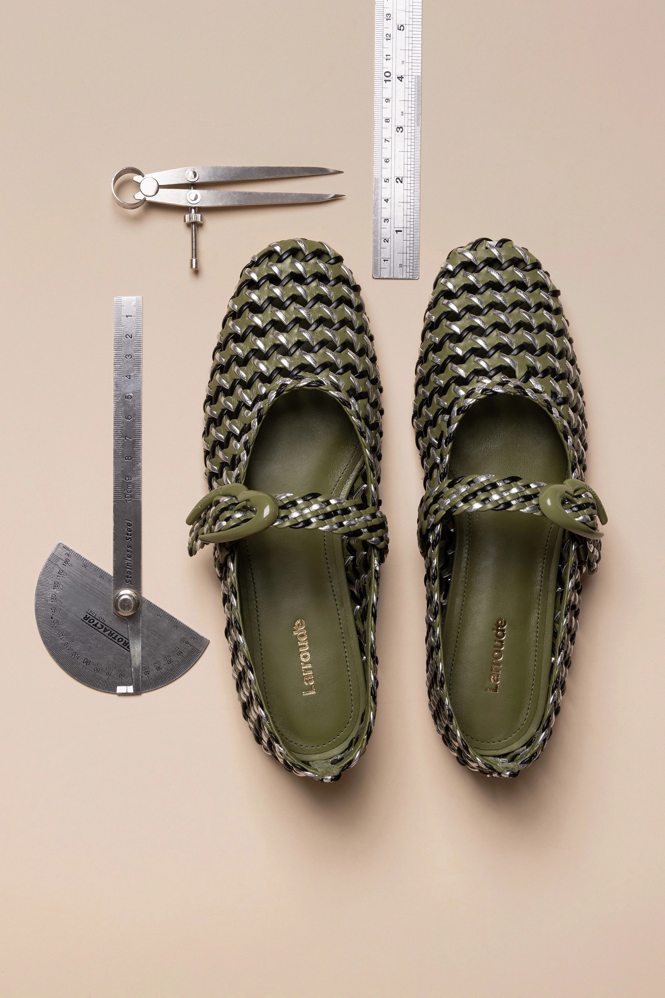 Verona Macrame Ballet Flat In Seaweed, Black and Silver Metallic Leather Rasolli Mary Jane Career Shoes 1402