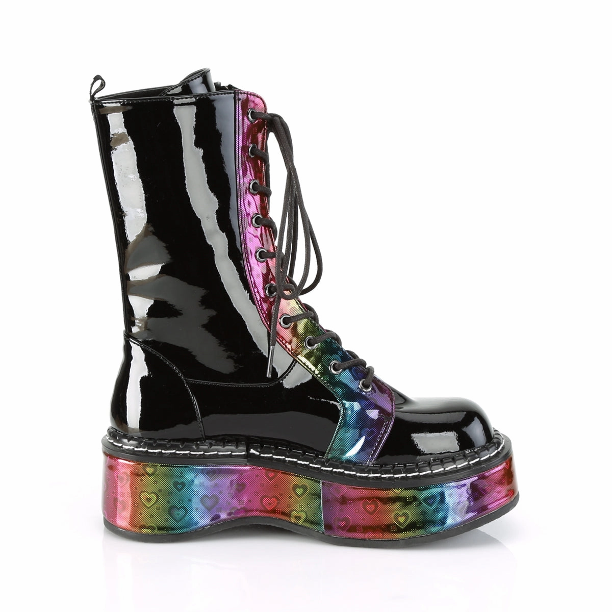Mid Top Work Boots 2 Inch Platform EMILY-350 Black Patent-Rainbow Hologram With Hearts