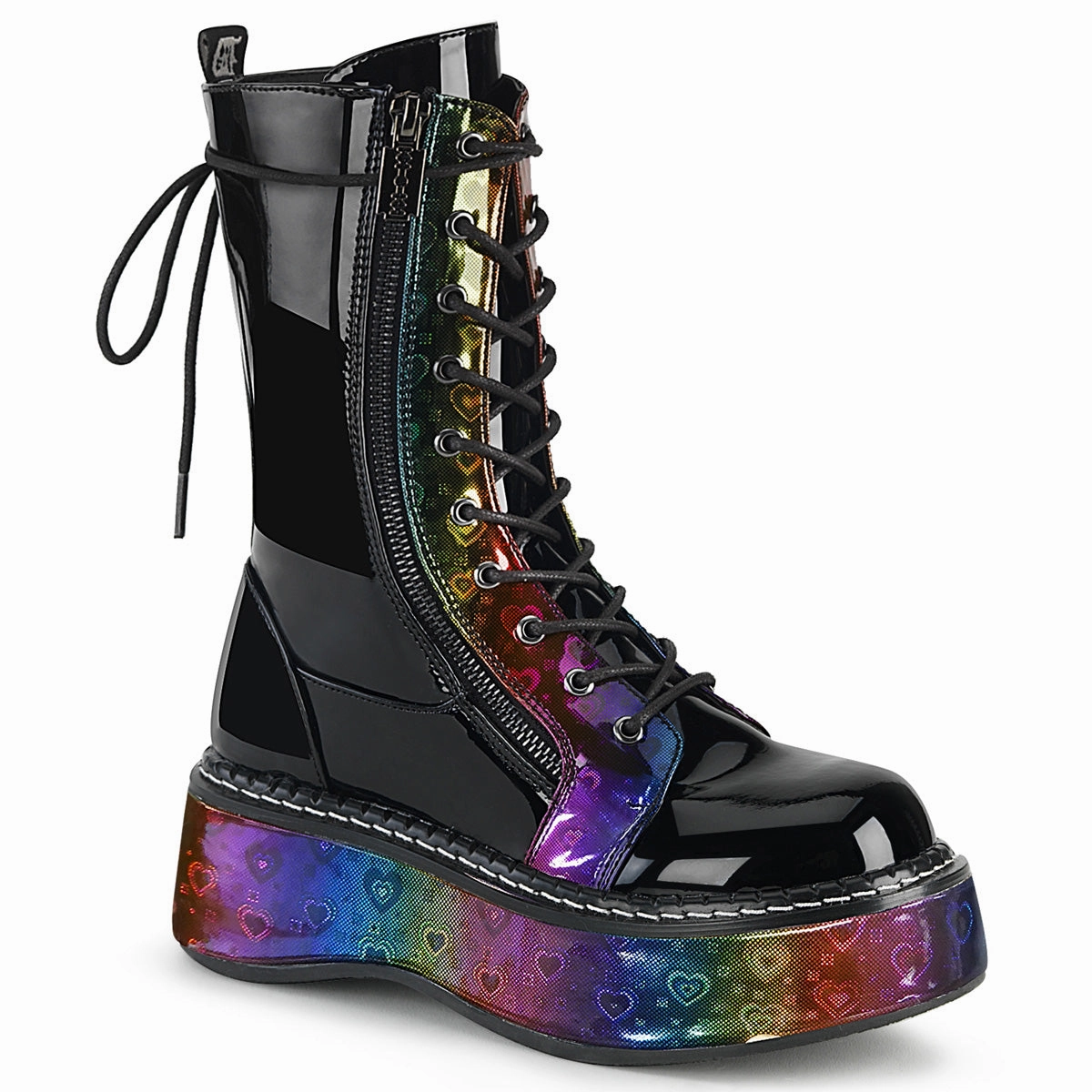 2 Inch Platform EMILY-350 Black Patent-Rainbow Hologram With Hearts Best Slip On Work Boots For Concrete