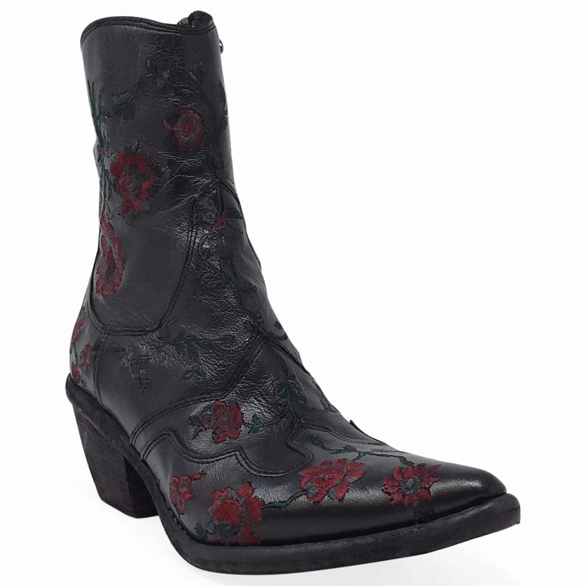 Black Leather Embroidered Ankle Boot Ankle Boots Fitted