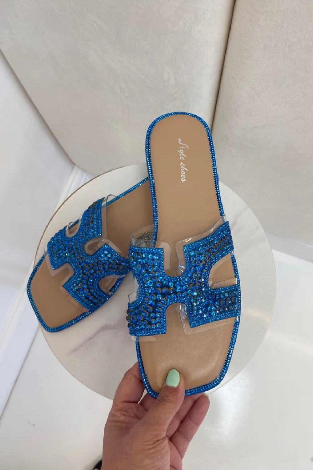 BLUE CLEAR DIAMANTE STRAP DESIGNER FLAT SLIDER Flat Shoes Size 11w